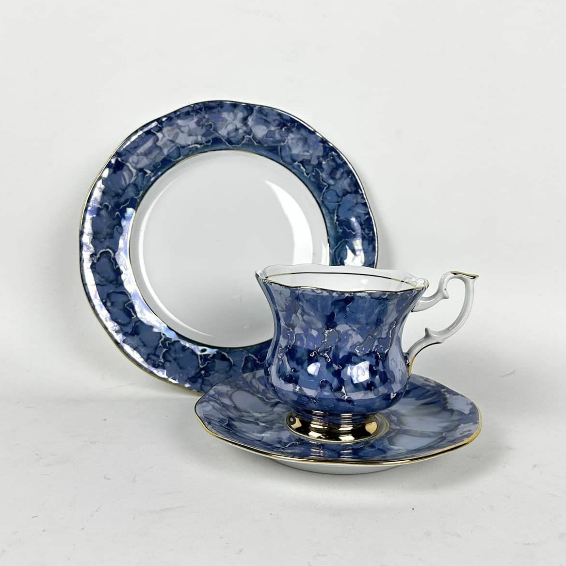 Чайна трійка Муар синій порцеляна вінтаж PP-258