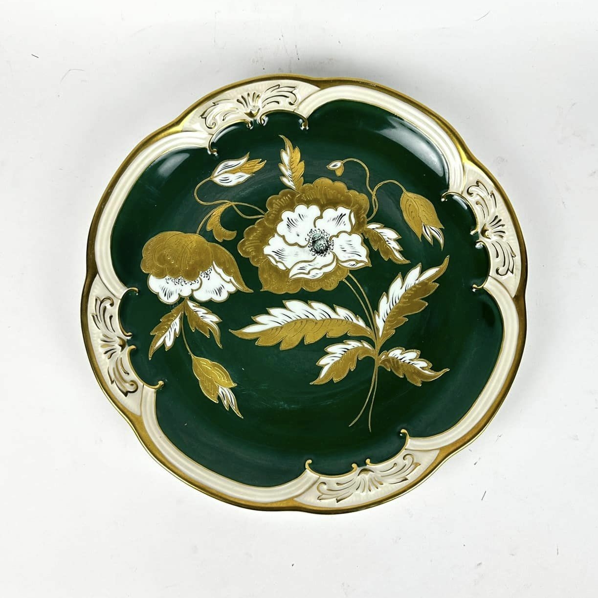 Блюдо Квіти зелений/золото порцеляна вінтаж PP-261