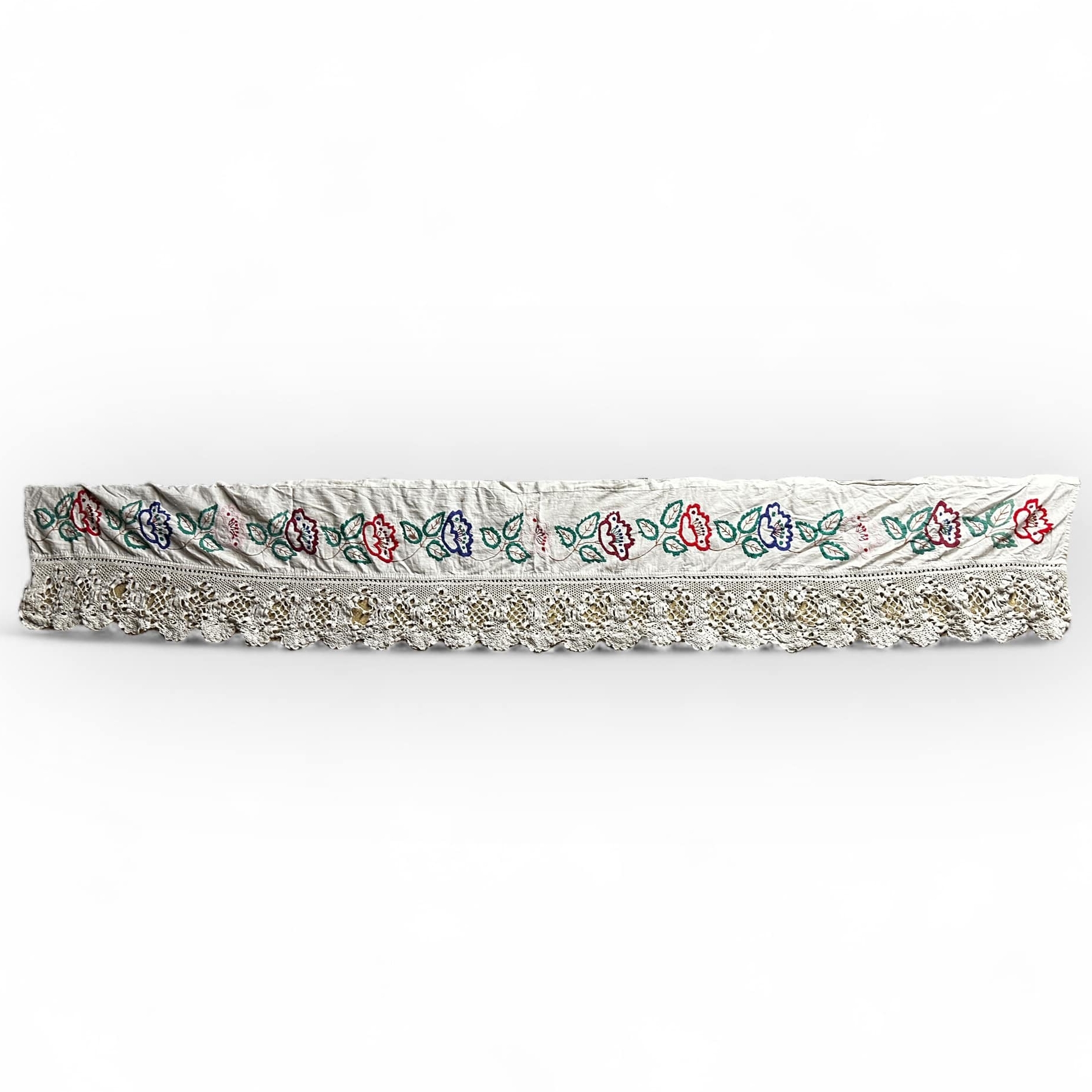 Прошва декоративна вузька для ліжка вишита з плетеним мереживом етно вінтаж BL-057