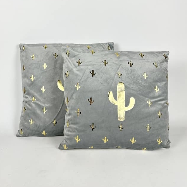 Подушка декоративна сірий велюр Золотий кактус PW-455