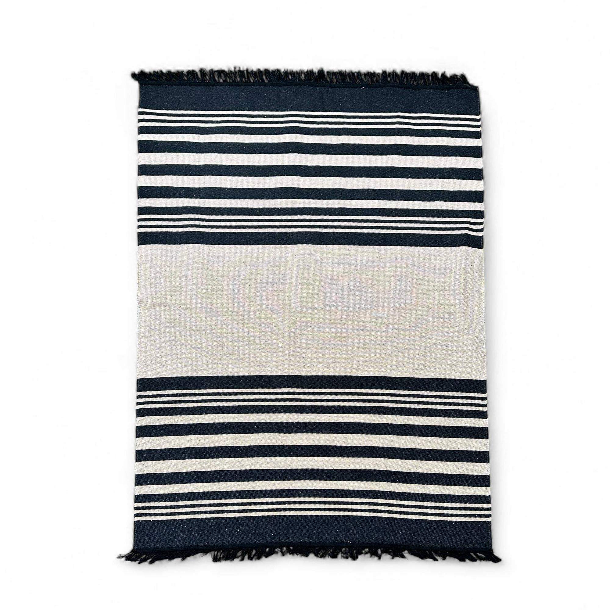 Килим (1,2 м х 1,8 м) тканий чорно-бежеві смуги бавовна CT-248