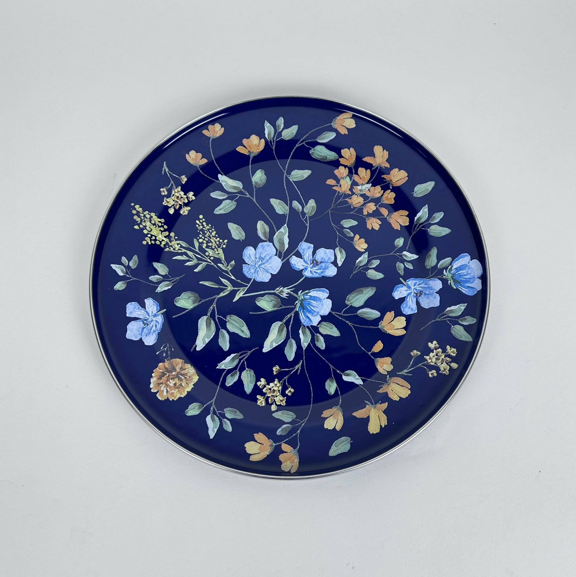 Блюдо/піднос кругле синє з квітами метал PS-114