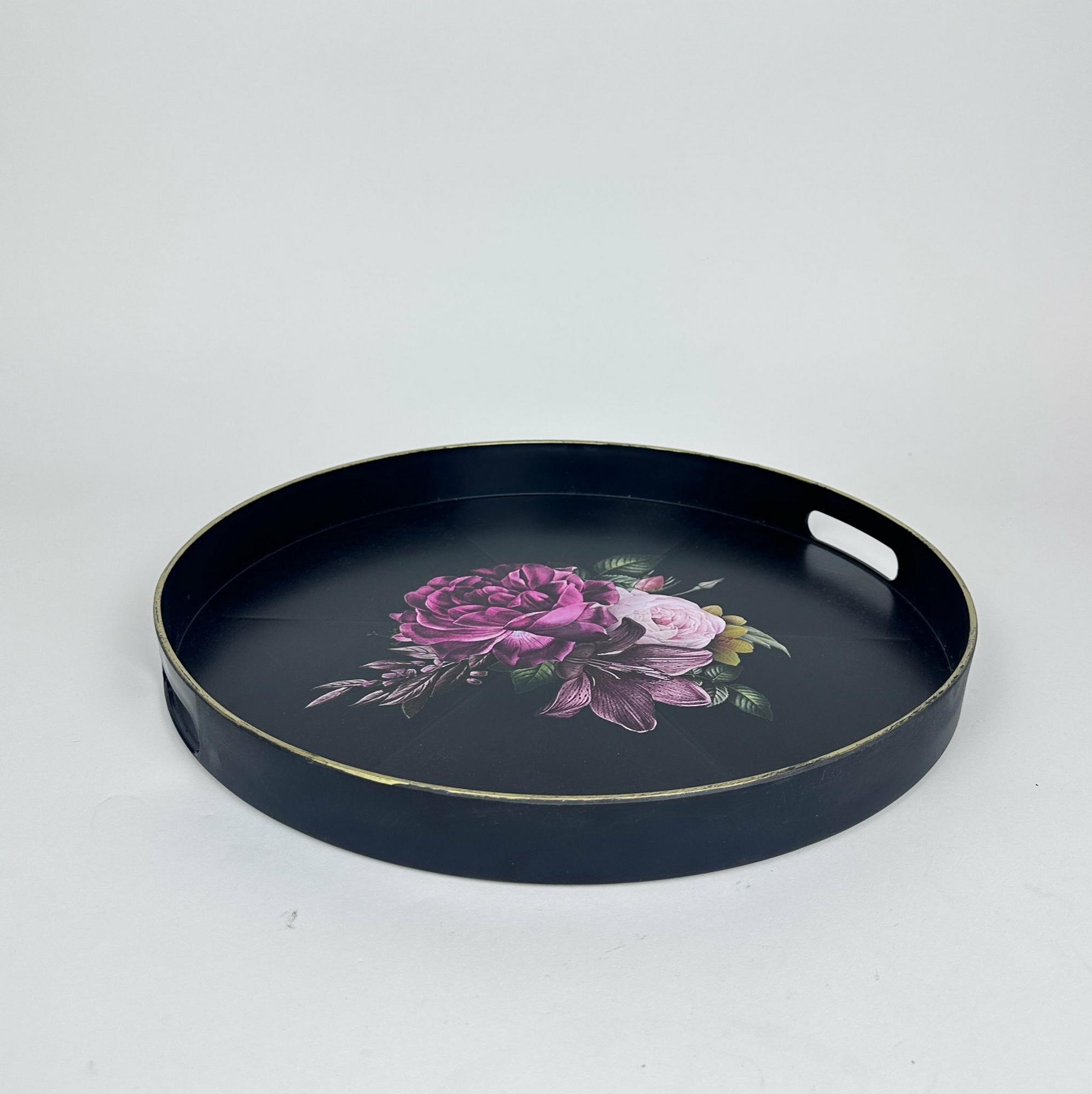 Таця/піднос з прорізними ручками кругла чорна Квіти TR-175