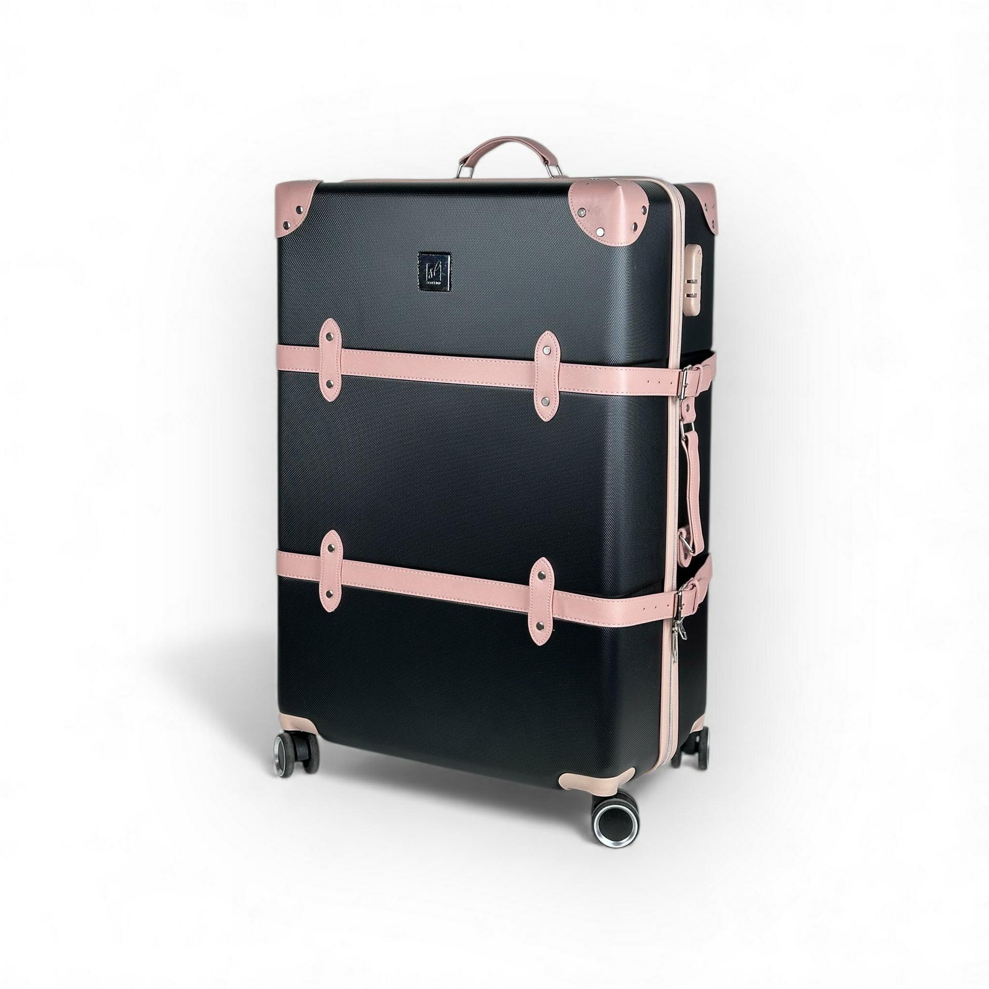 Валіза велика у ретро стилі пластик чорний/бежево-рожевий ML-047