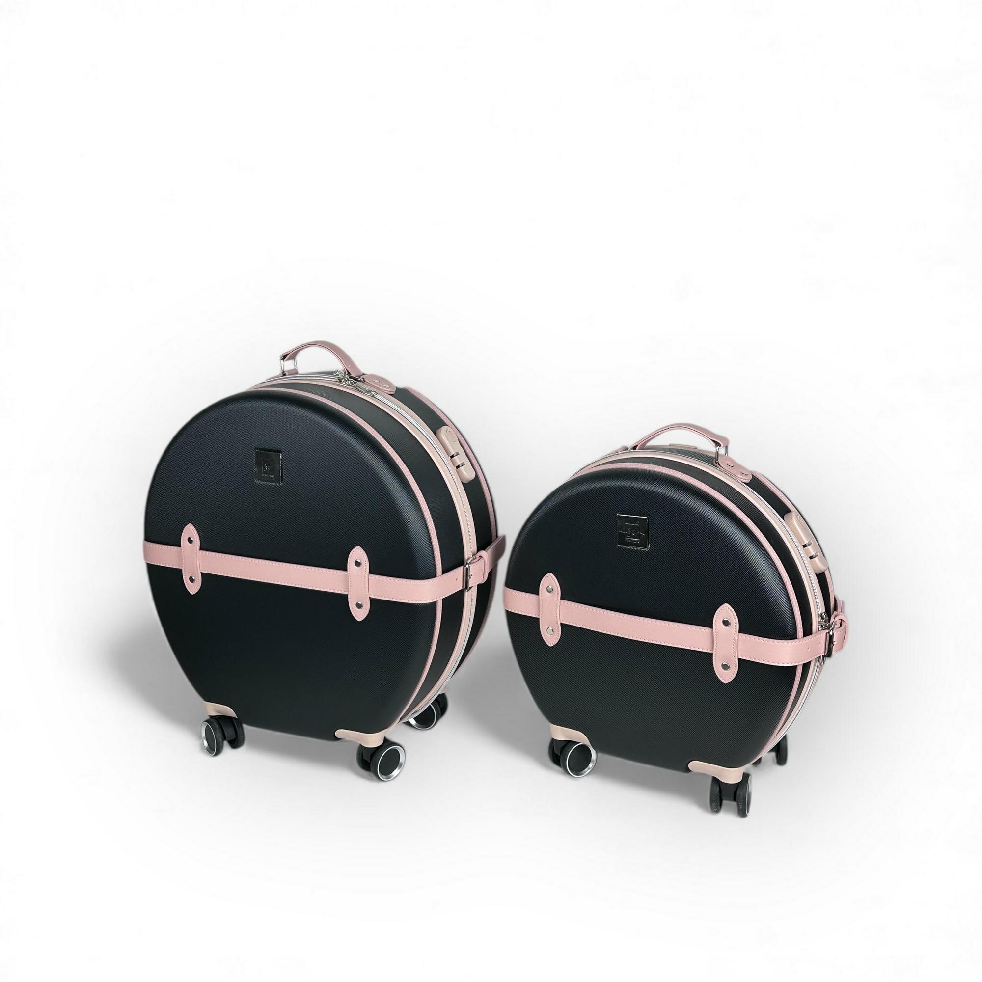 Валіза середня / Валіза мала (салонна) у ретро стилі кругла пластик чорний / бежево-рожевий ML-048