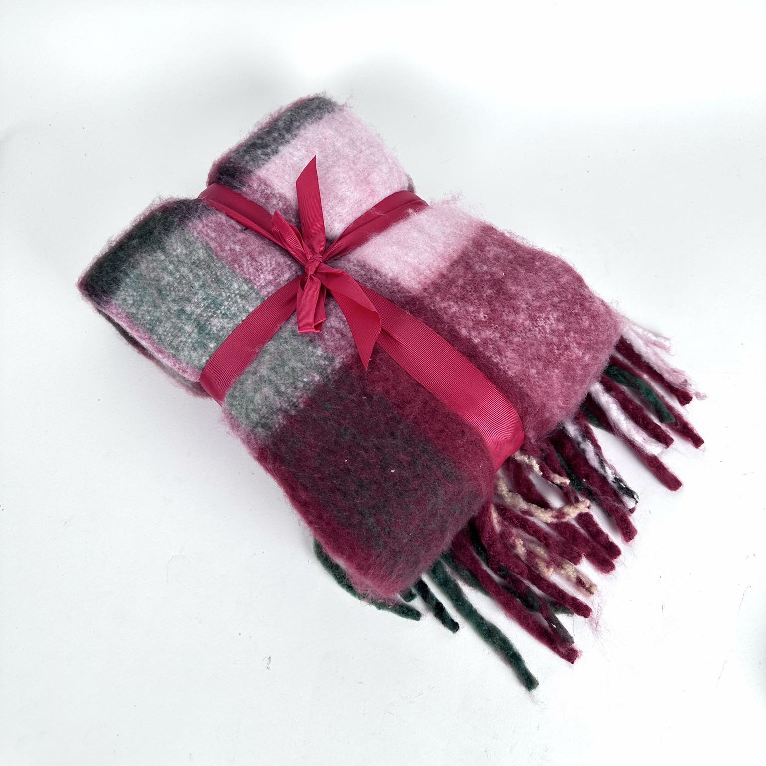 Плед в клітинку бордо/зелений/рожевий WR-255