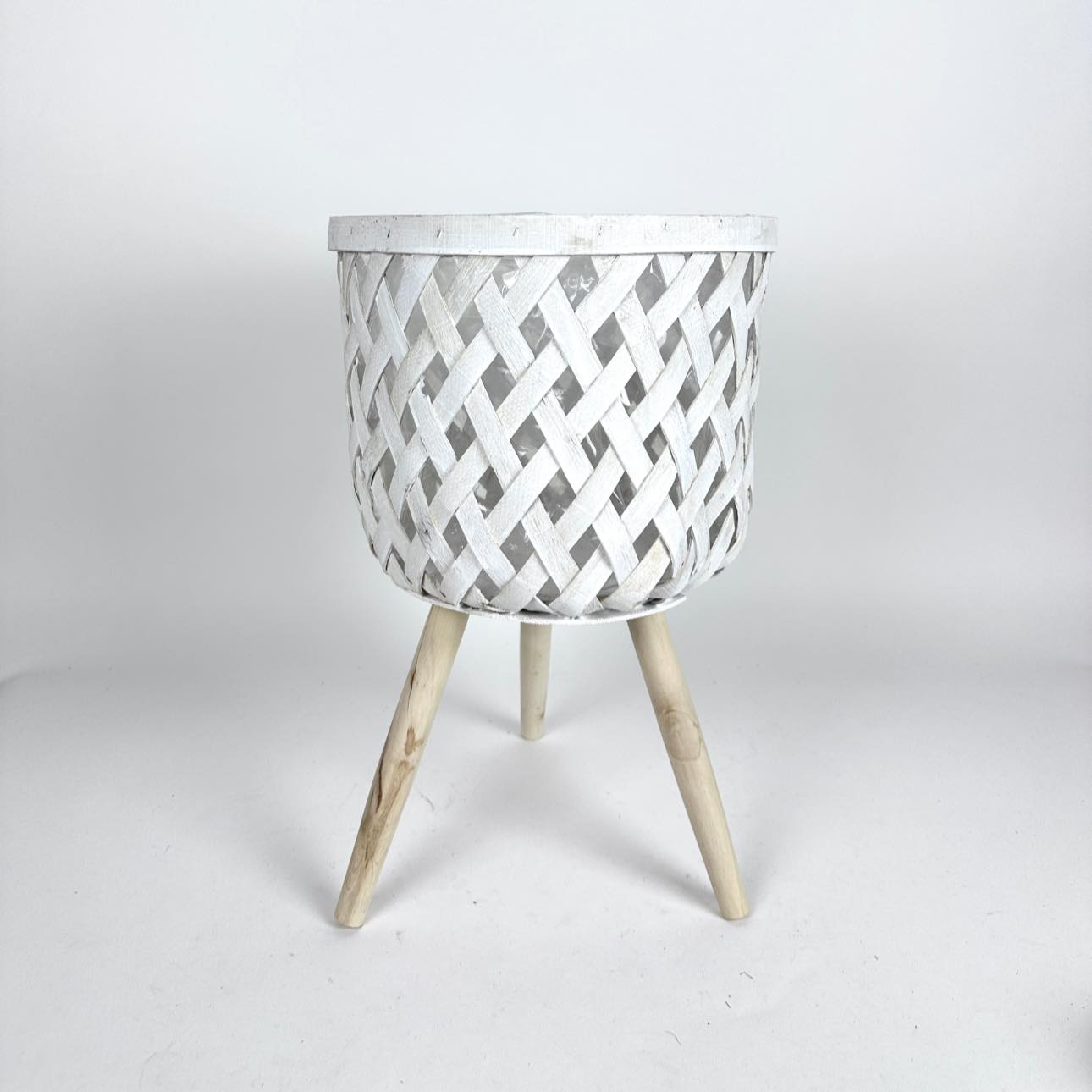 Кашпо/кошик на 3-х ніжках з плетінням біле/св-дерево