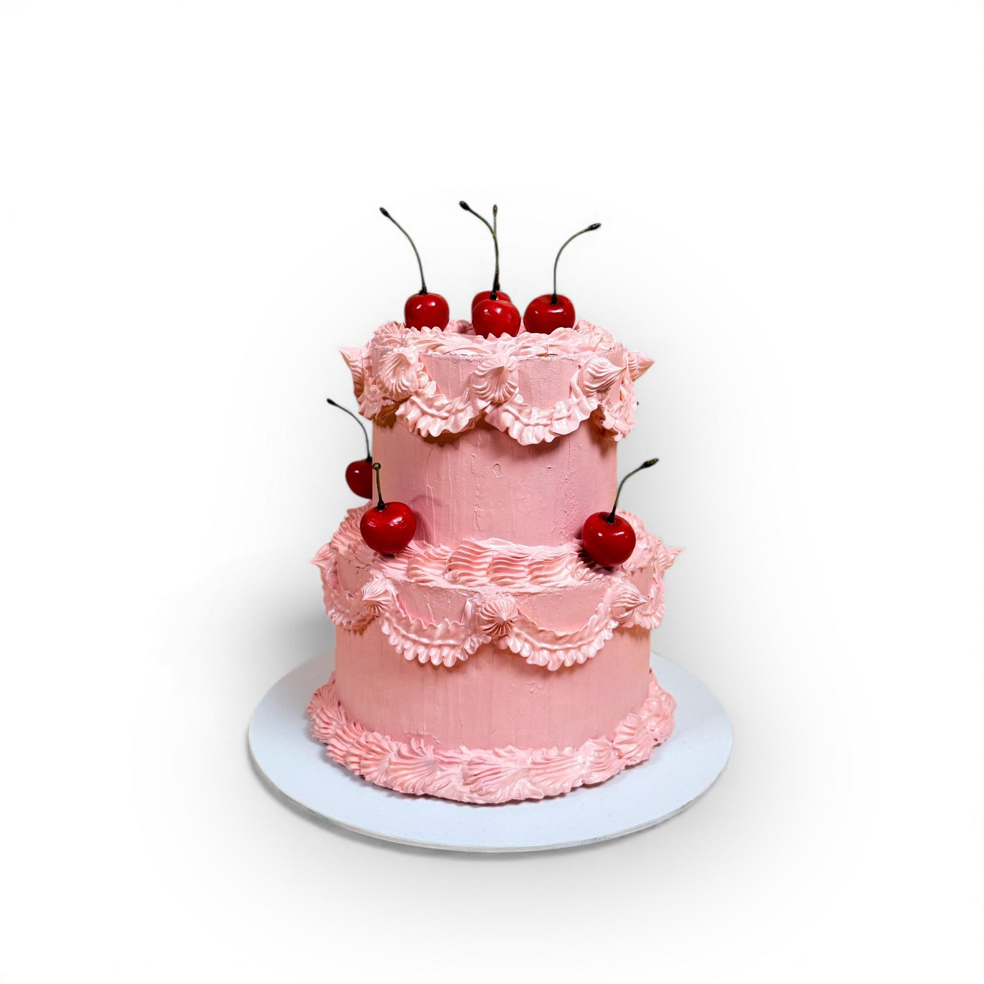 Торт ламбет 2-ярусний рожевий з вишнею муляж MF-066