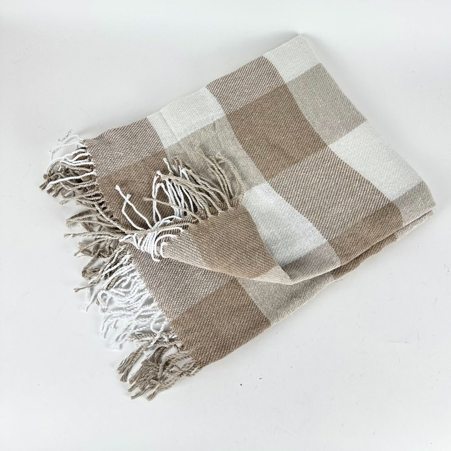 Плед в клітинку беж/білий вовна/бавовна WR-258