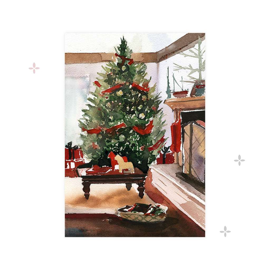 современная красная открытка с белой рождественской елкой