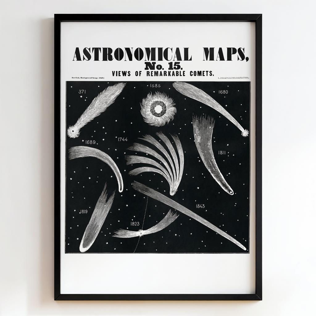 Ретро постер "Astronomical Maps No. 15: Views of Remarkable Comets – Huntington & Savage (1847)"