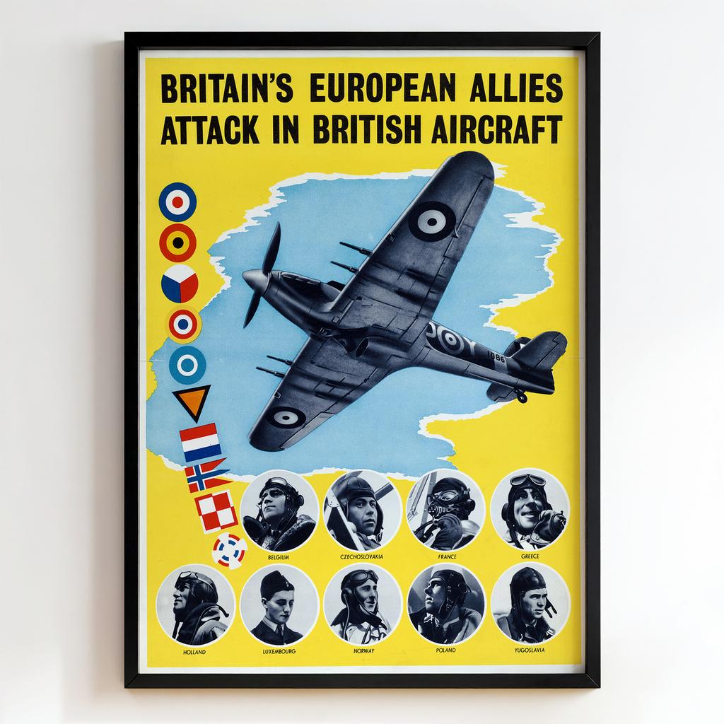 Ретро постер "Britain’s European Allies Attack in British Aircraft – Abram Games (1941)"