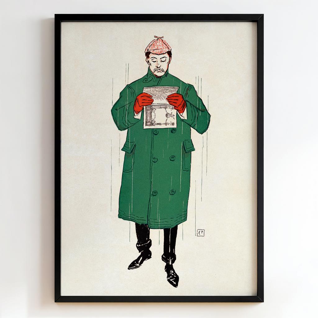 Ретро постер "Man Reading Newspaper in Rain – Edward Penfield (1900s)"