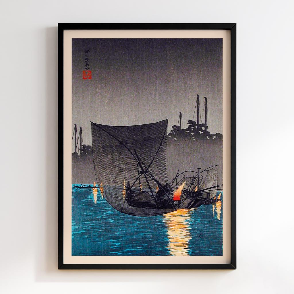 Постер Хіроакі Шьотей Такахасі Hiroaki Takahashi Tsukuda Island, Fishing Nets at Night (1936) #1