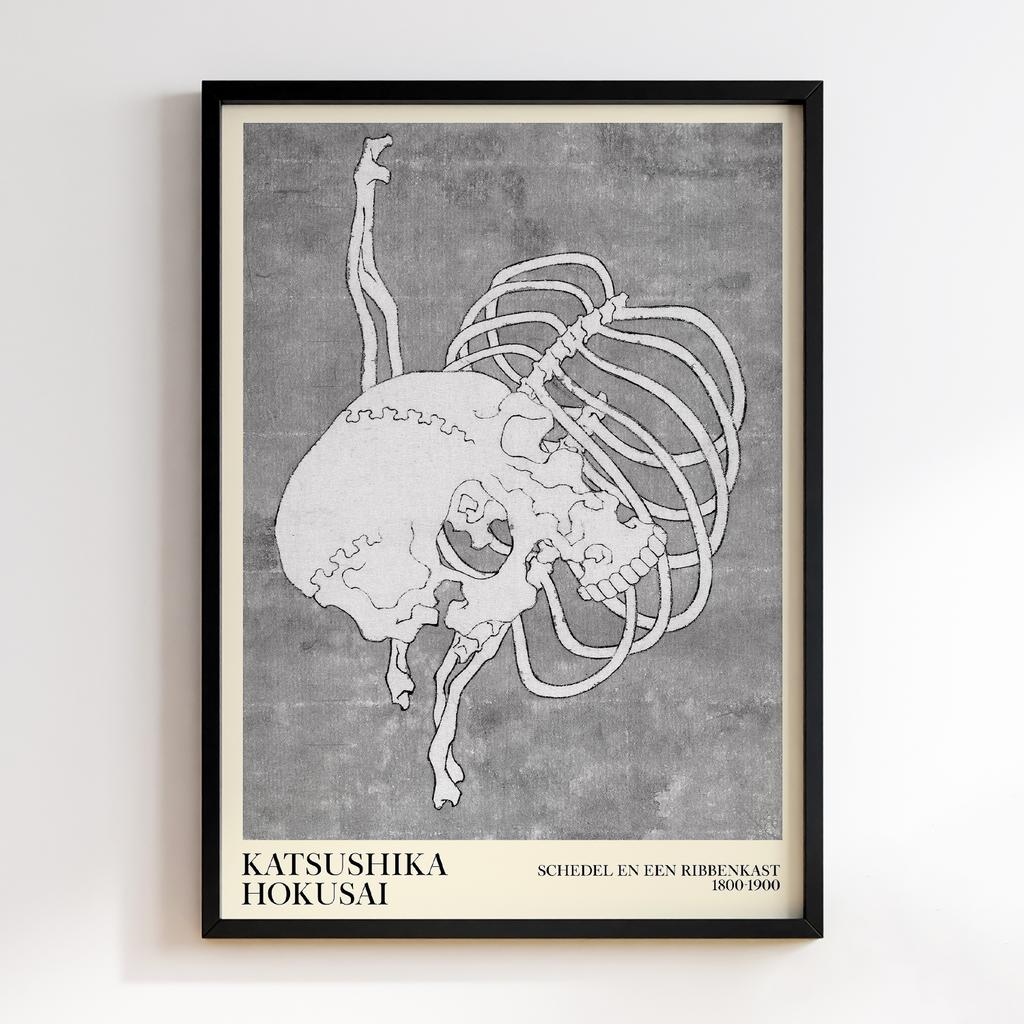 Постер Katsushika Hokusai Schedel en een ribbenkast