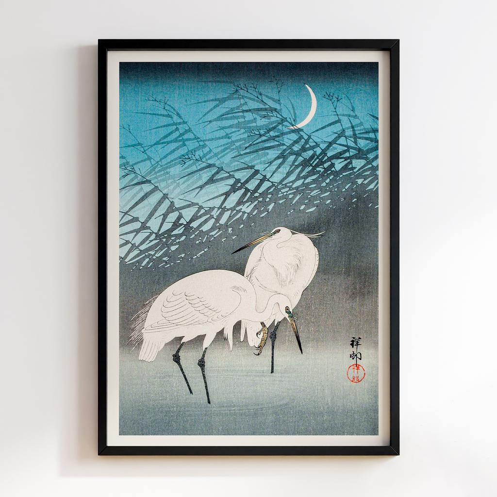 Постер Egrets and Reeds in Moonlight (1926) by Ohara Koson