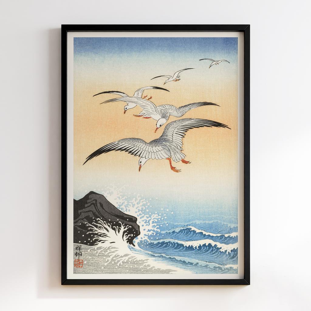 Постер Five seagulls above turbulent sea (1900 - 1930) by Ohara Koson (1877-1945)