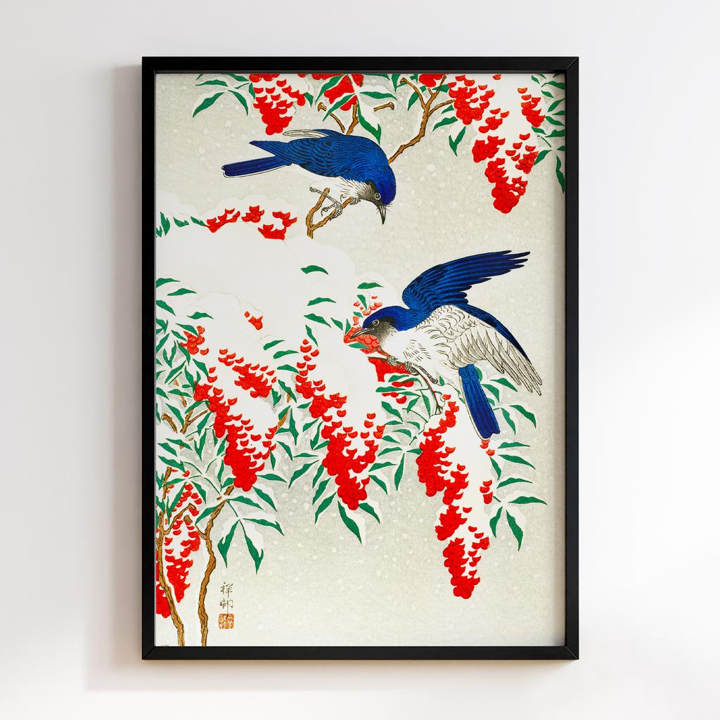 Постер Flycatchers on a nandina bush (1925 - 1936) by Ohara Koson (1877-1945)