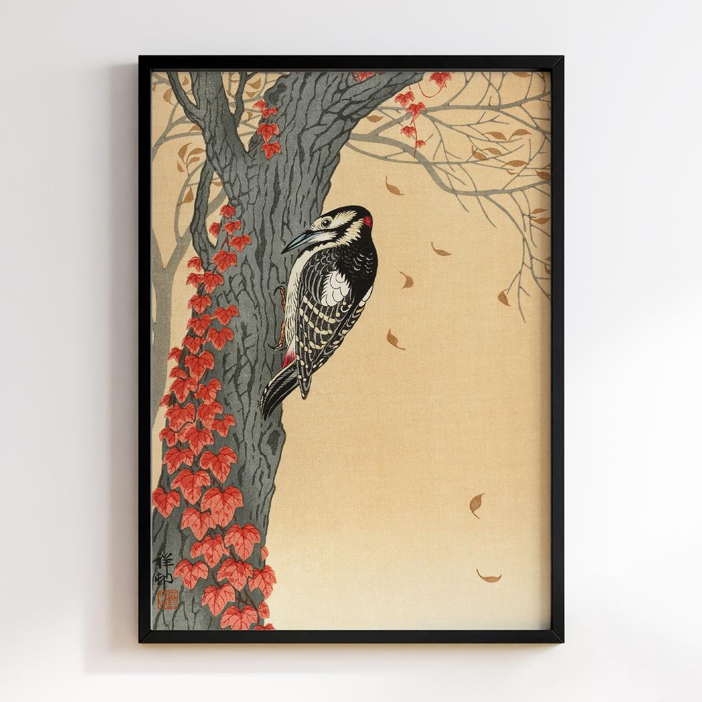Постер Great spotted woodpecker in tree with red ivy (1925 - 1936) by Ohara Koson (1877-1945)