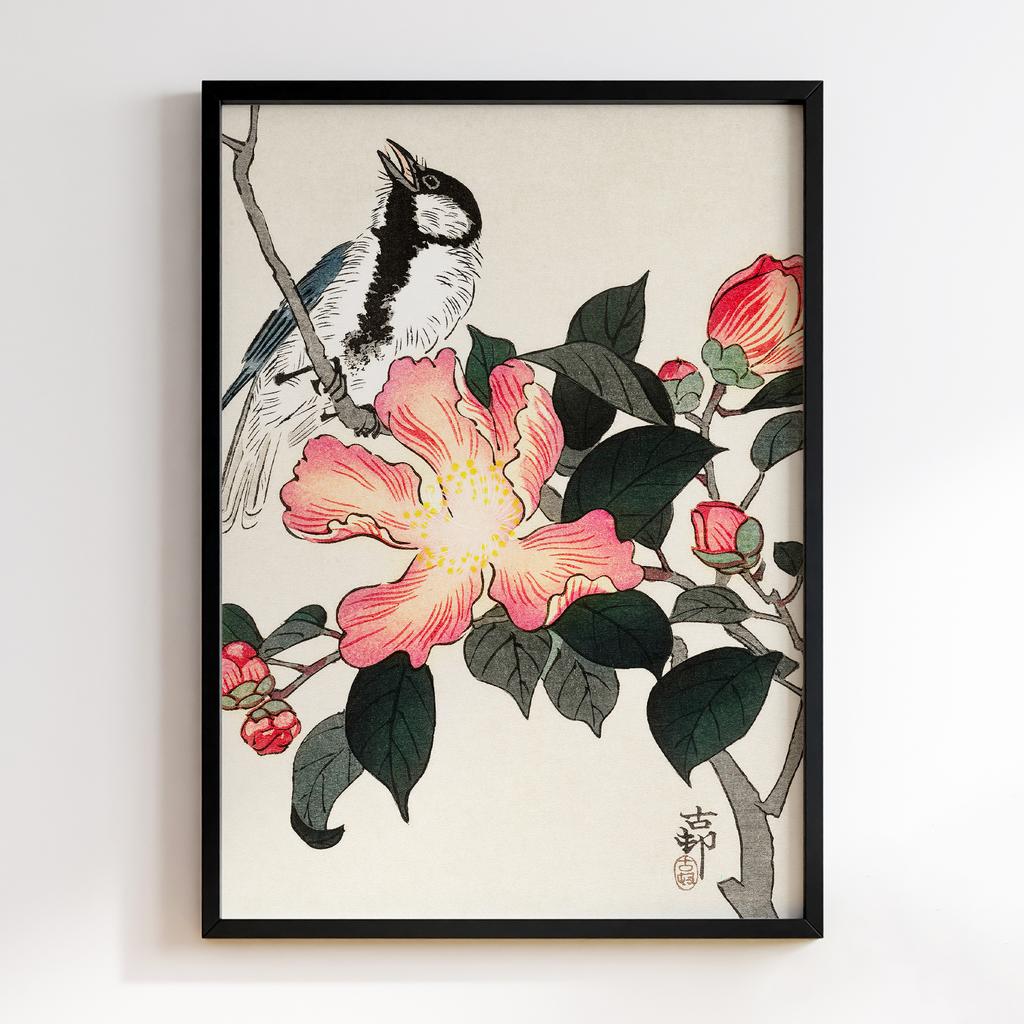 Постер Great tit on branch with pink flowers (1900 - 1930) by Ohara Koson (1877-1945)