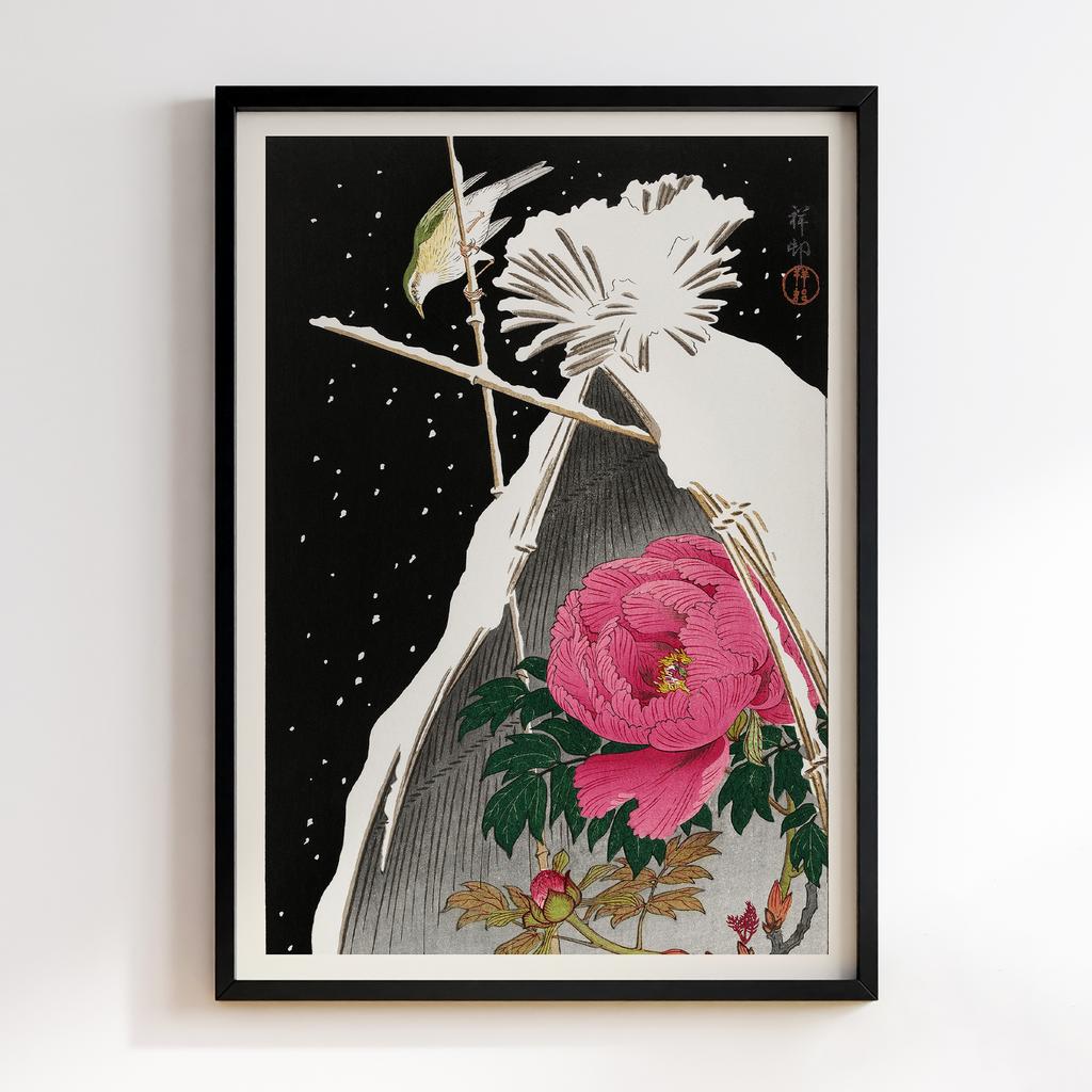 Постер Siberian bluechat next to a peony (1925 - 1936) by Ohara Koson (1877-1945)