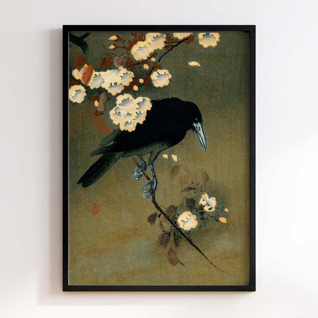 Постер Woodblock print by Ohara Koson (1887-1945) of a crow and blossom