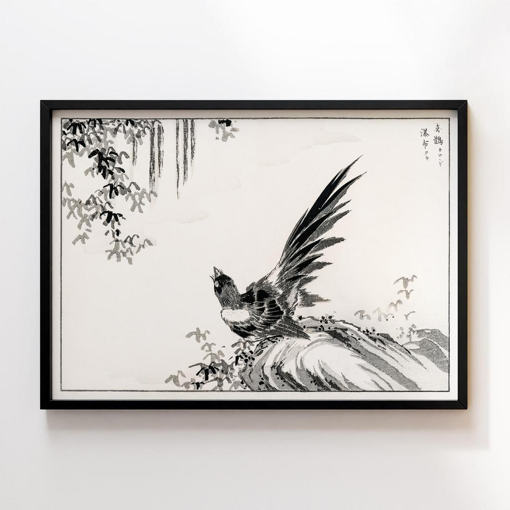 Постер Japanese Magpie and Waterfall illustration by Numata Kashu