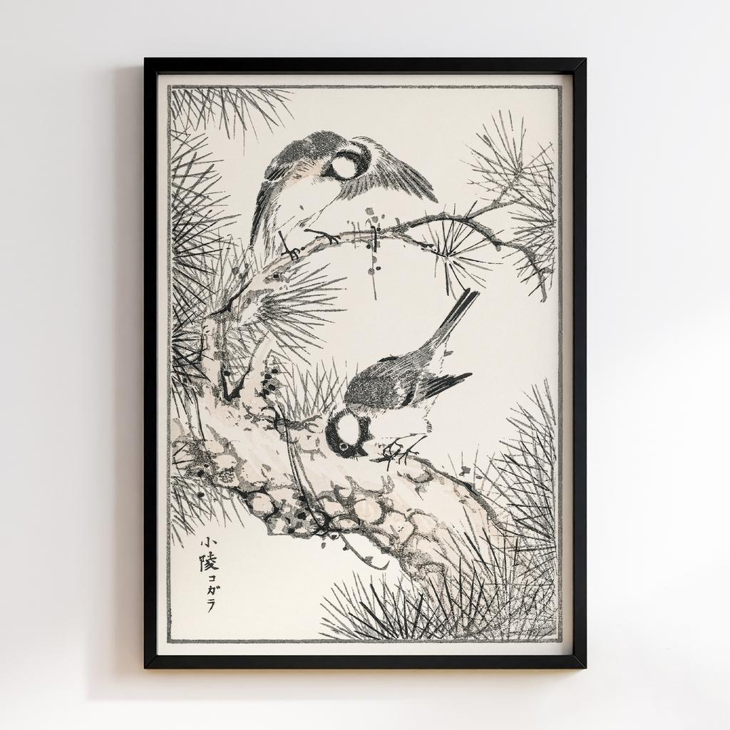 Постер Japanese Willow Tit and Pine Tree illustration by Numata Kashu