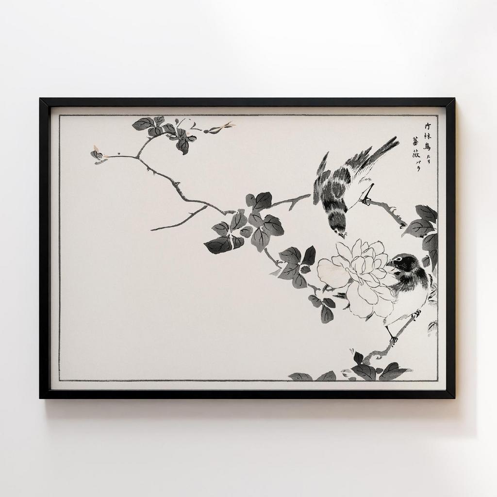 Постер Pallas’s Blue Robin and Rose illustration by Numata Kashu