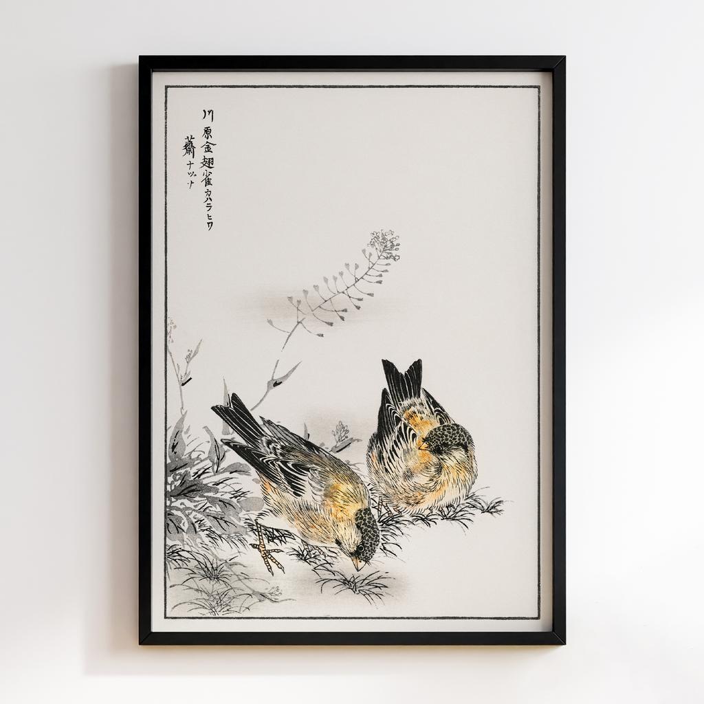 Постер Small Japanese Greenfinch and Shepherd's Purse illustration by Numata Kashu