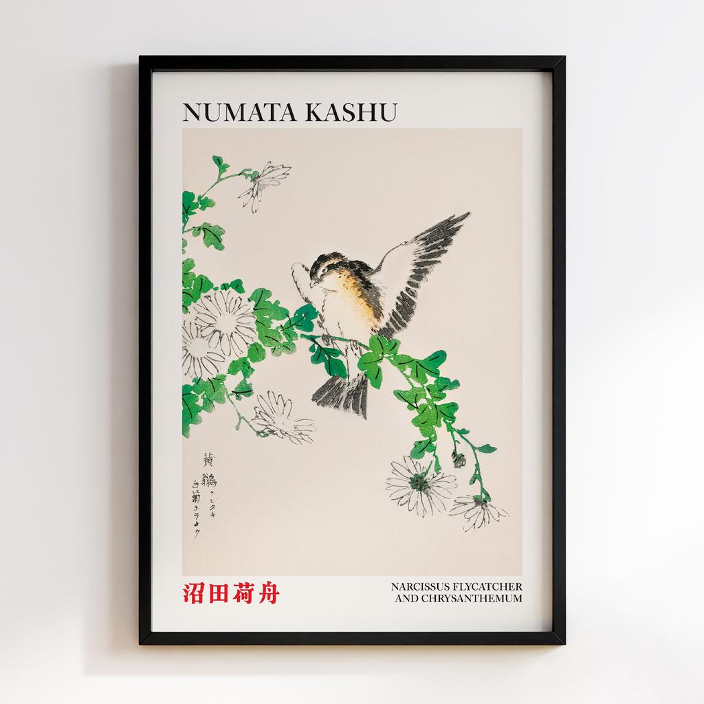 Постер Narcissus Flycatcher and Chrysanthemum illustration by Numata Kashu