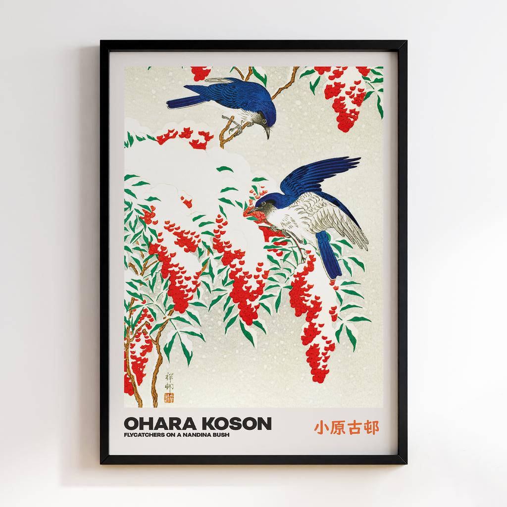 Постер FLYCATCHERS ON A NANDINA BUSH by Ohara Koson