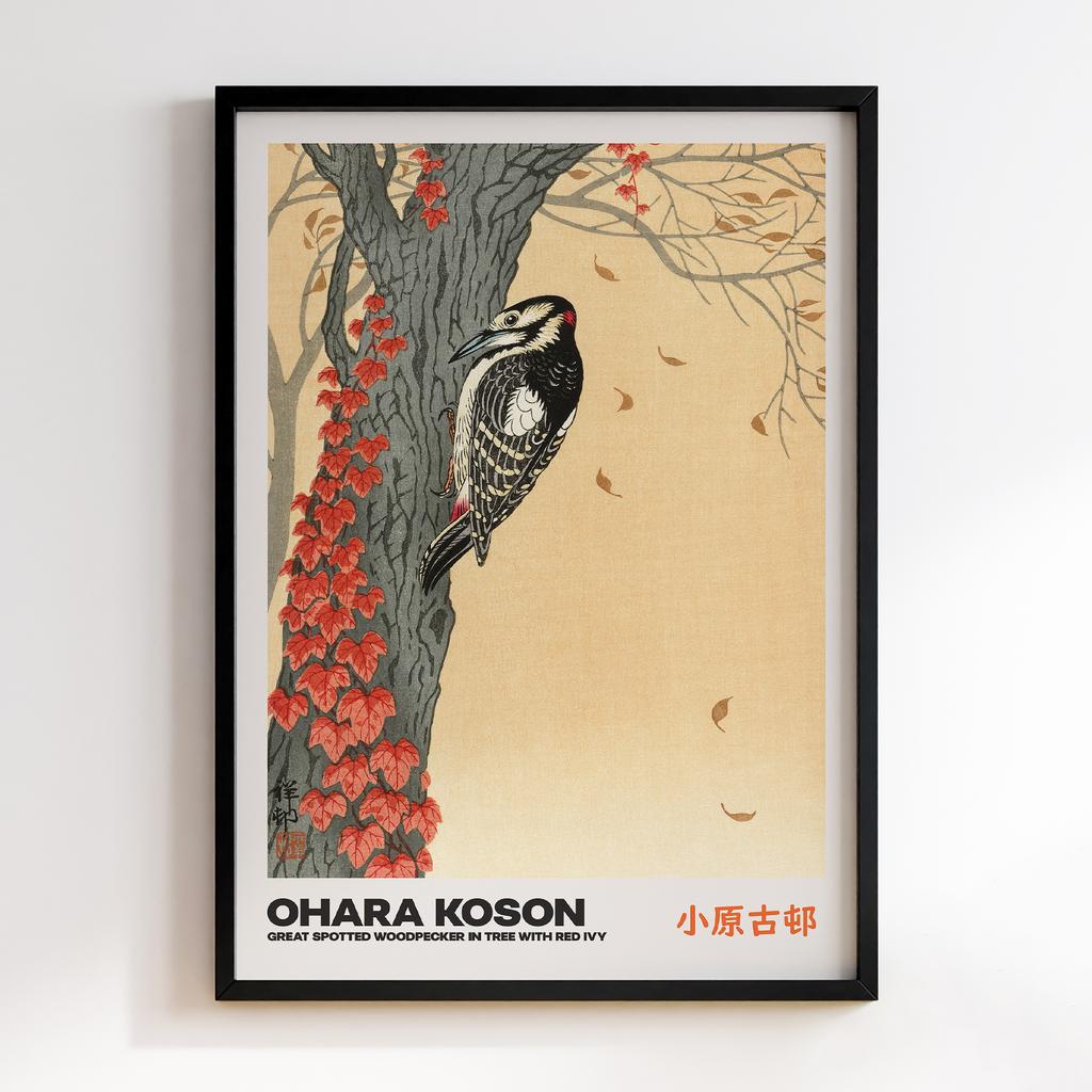 Постер GREAT SPOTTED WOODPECKER IN TREE WITH RED IVY by Ohara Koson