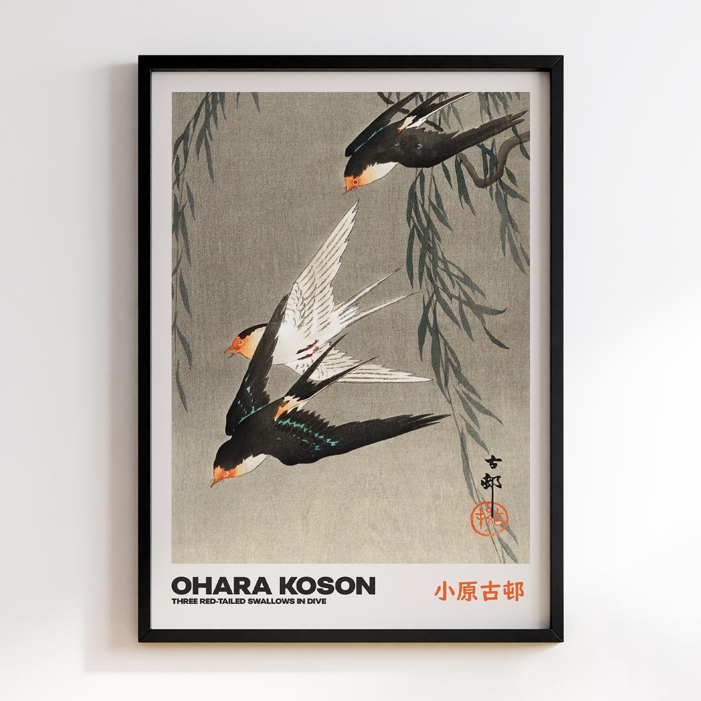 Постер THREE RED-TAILED SWALLOWS IN DIVE by Ohara Koson
