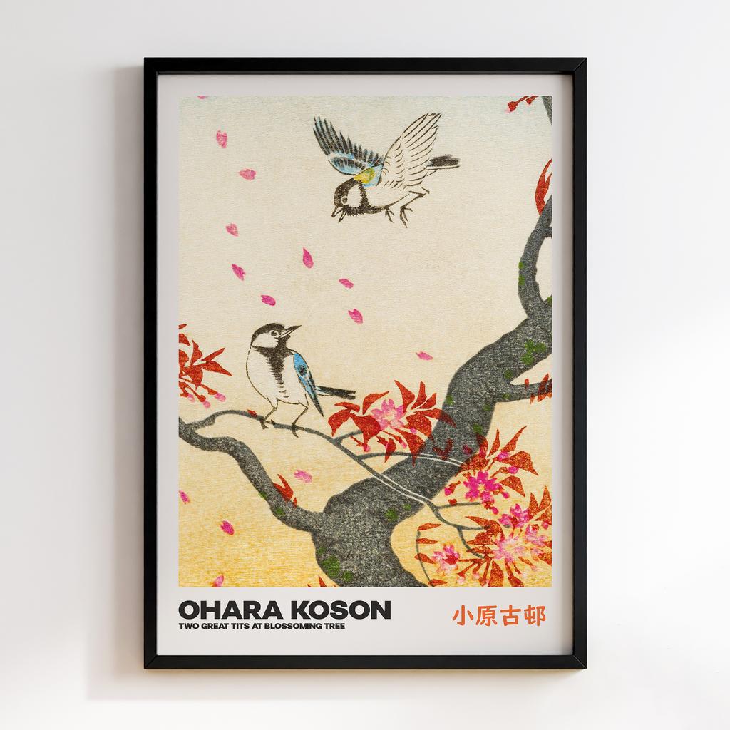 Постер TWO GREAT TITS AT BLOSSOMING TREE by Ohara Koson