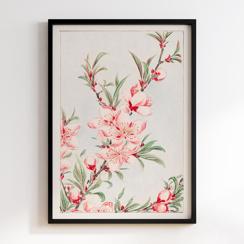 Постер Peach tree branches with leaves and blossoms during 1870–1880 by Megata Morikaga #01