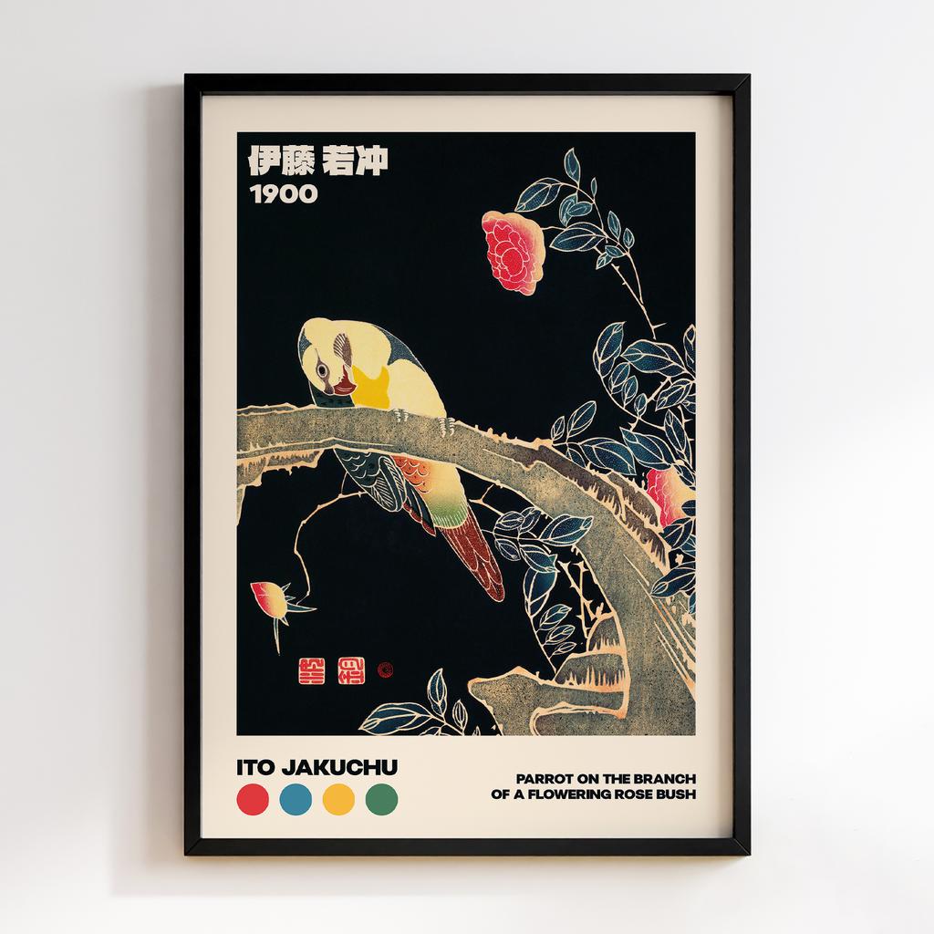 Постер Parrot on the Branch of a Flowering Rose Bush (ca. 1900) illustration by Ito Jakuchu #02