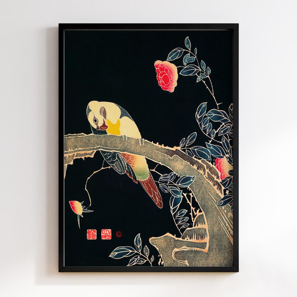 Постер Parrot on the Branch of a Flowering Rose Bush (ca. 1900) illustration by Ito Jakuchu #01