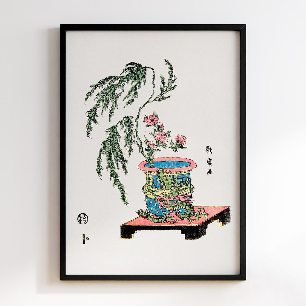Постер Japanese ikebana, willow and peonies in dragon pot (1781-1806) vintage ukiyo-e by Kitagawa Utamaro