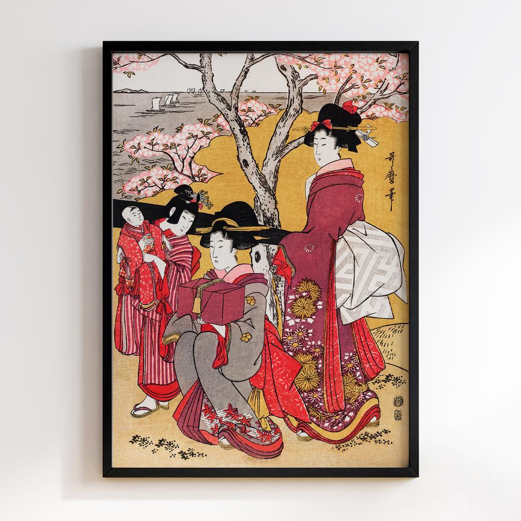 Постер Japanese women and cherry blossom (1753-1806) vintage woodblock print by Kitagawa Utamaro