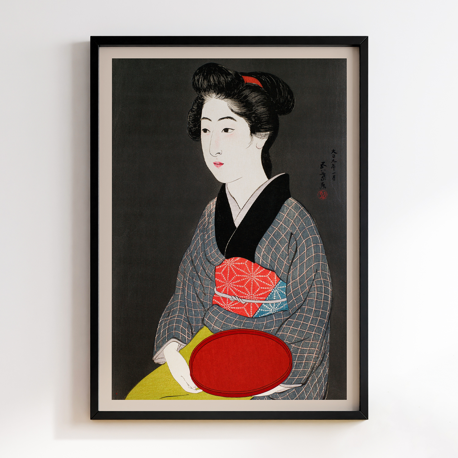 Waitress Holding a Tray (Portrait of Onao, a Maid at the Matsuyoshi Inn, Kyoto) (1920) by Goyo Hashiguchi