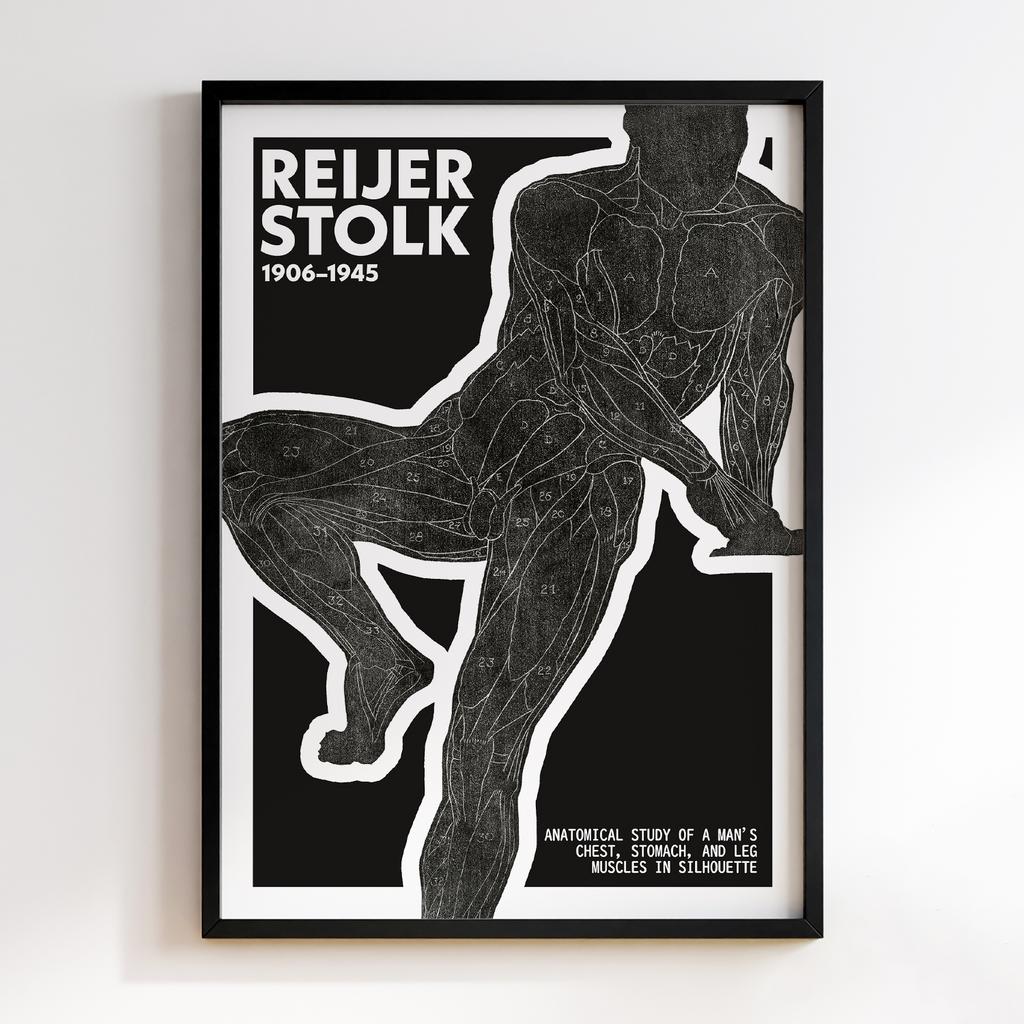 Anatomical study of a man's chest, stomach, and leg muscles in silhouette by Reijer Stolk