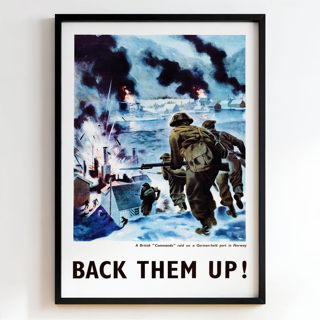 Ретро постер «Back Them Up! — British Commando Raid in Norway»