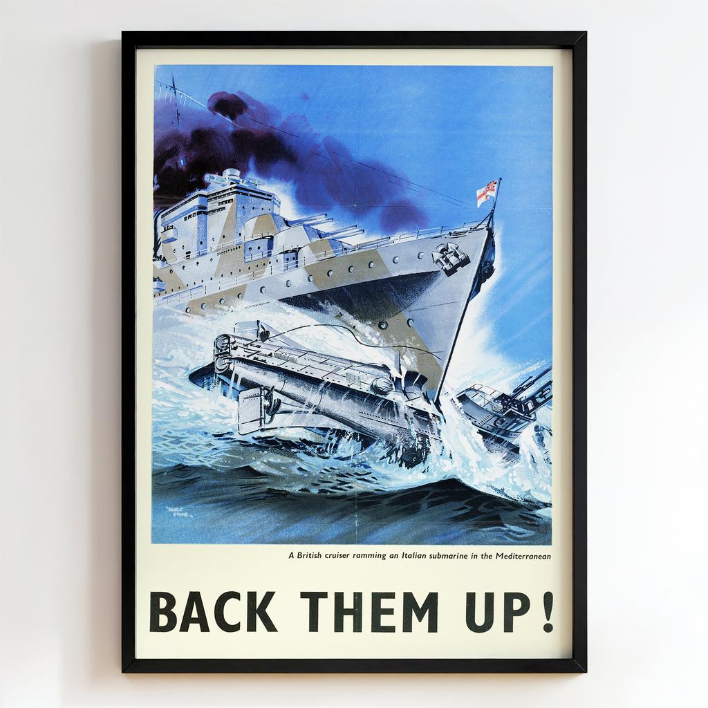 Ретро постер «A British cruiser ramming an Italian submarine in the Mediterranean»