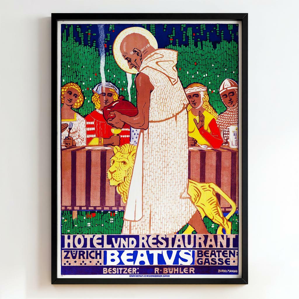 Ретро постер "Hotel und Restaurant Zürich Beatus – Burkhard Mangold (1909)"