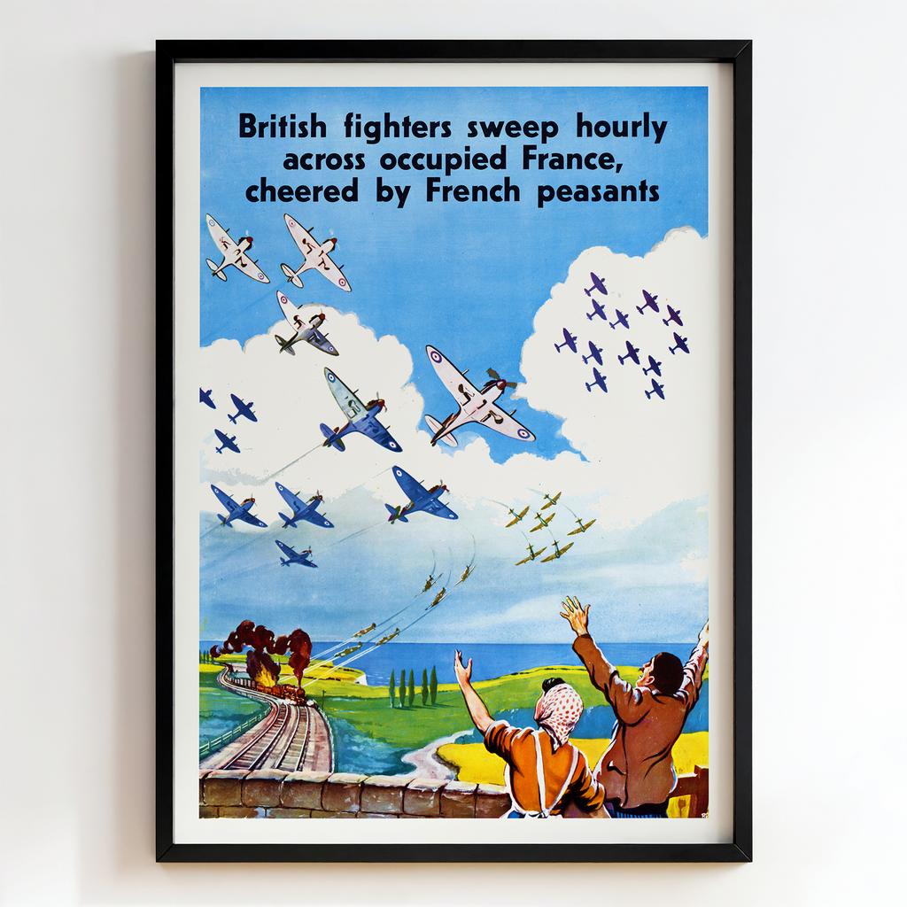 Ретро постер "British Fighters Sweep Hourly Across Occupied France, Cheered by French Peasants – Abram Games (1942)"