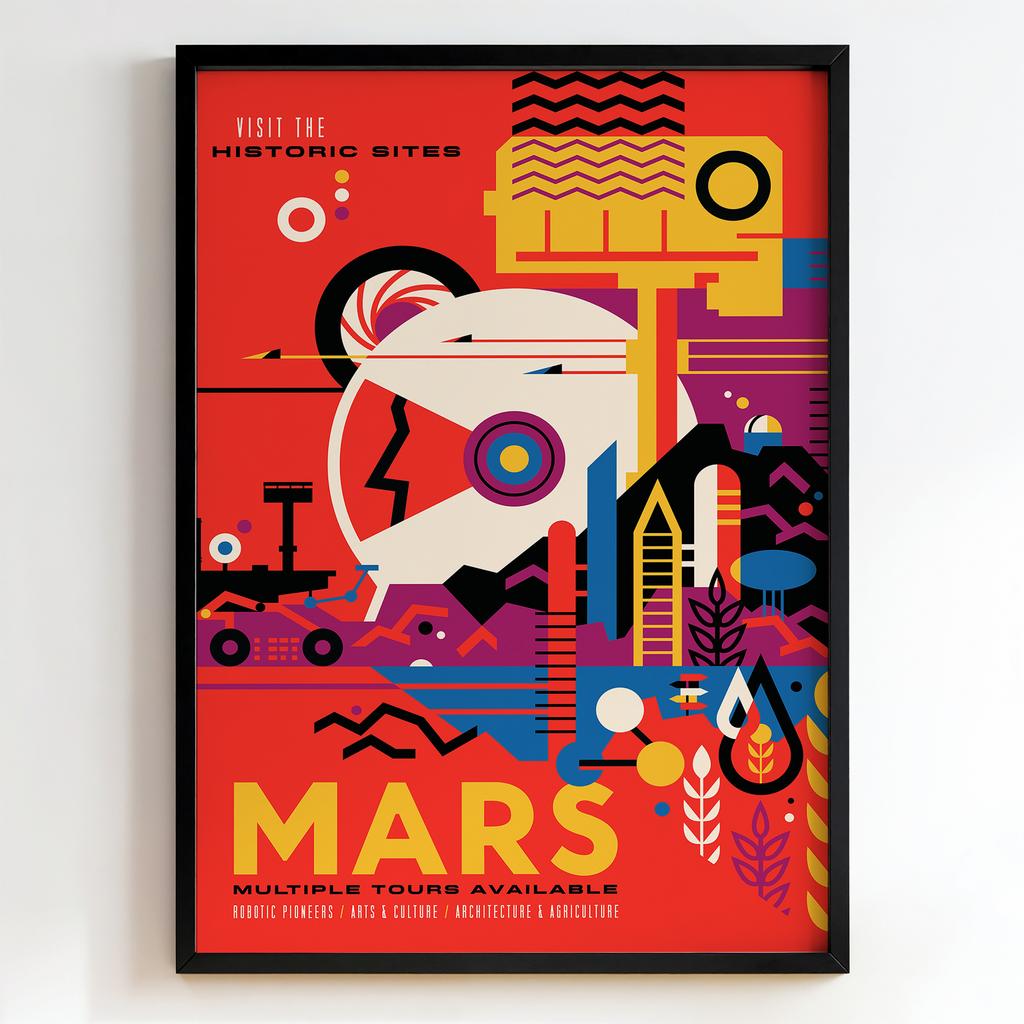 Ретро постер "Visit the Historic Sites Mars – Space Travel Poster (1960s)"