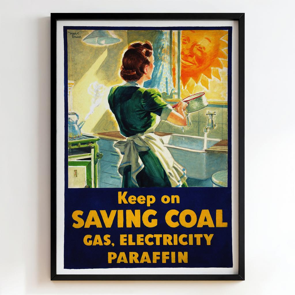 Ретро постер "Keep on Saving Coal Gas Electricity Paraffin – Marc Stone (1940s)"
