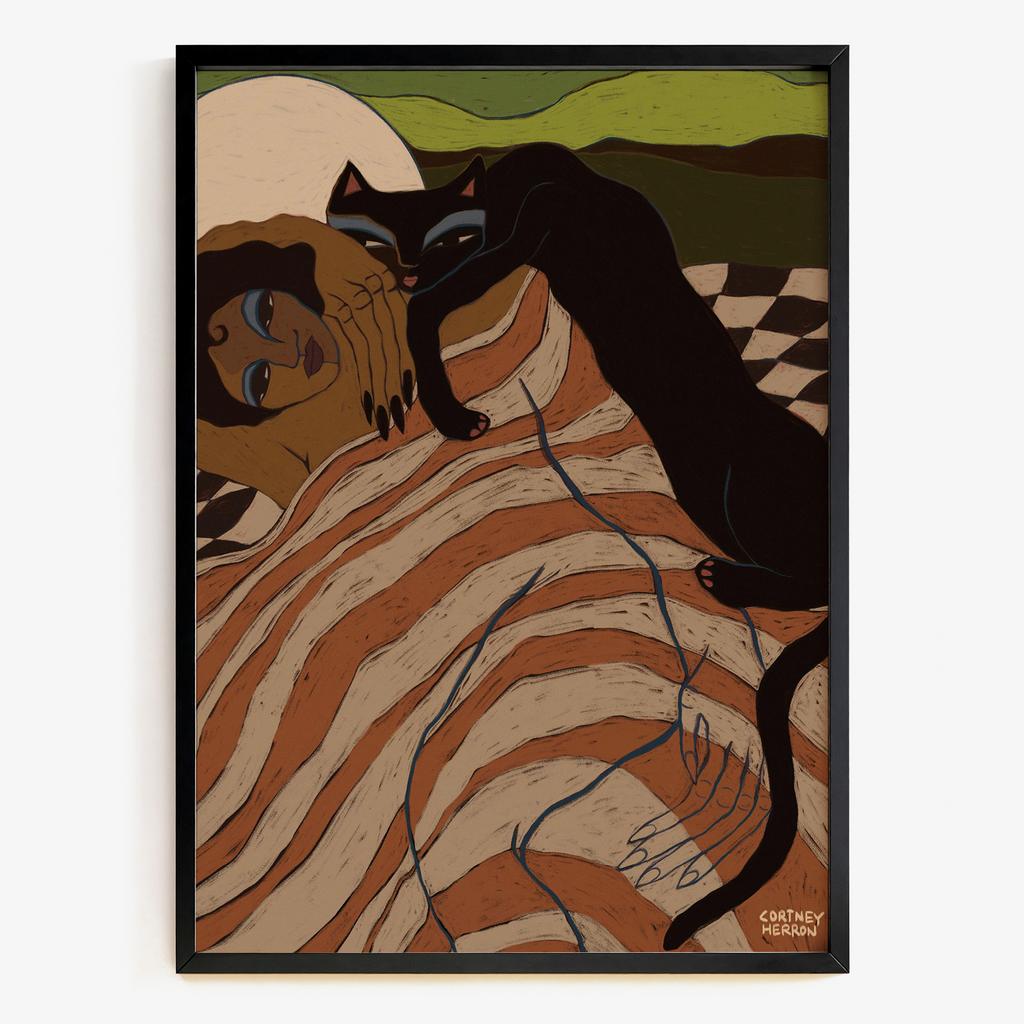 "Moonlit Companion" сучасний арт постер з чорною кішкою PS7289