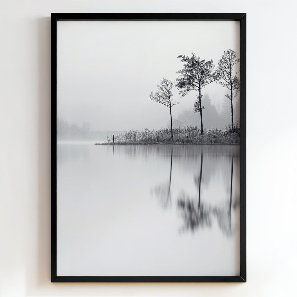 "Misty Lakeside Reflection" туманне озеро з соснами PS7452